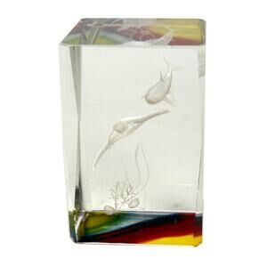 Glass Crystal 3D Laser Etched Hologram Paperweight With Sea Turtle And Shark